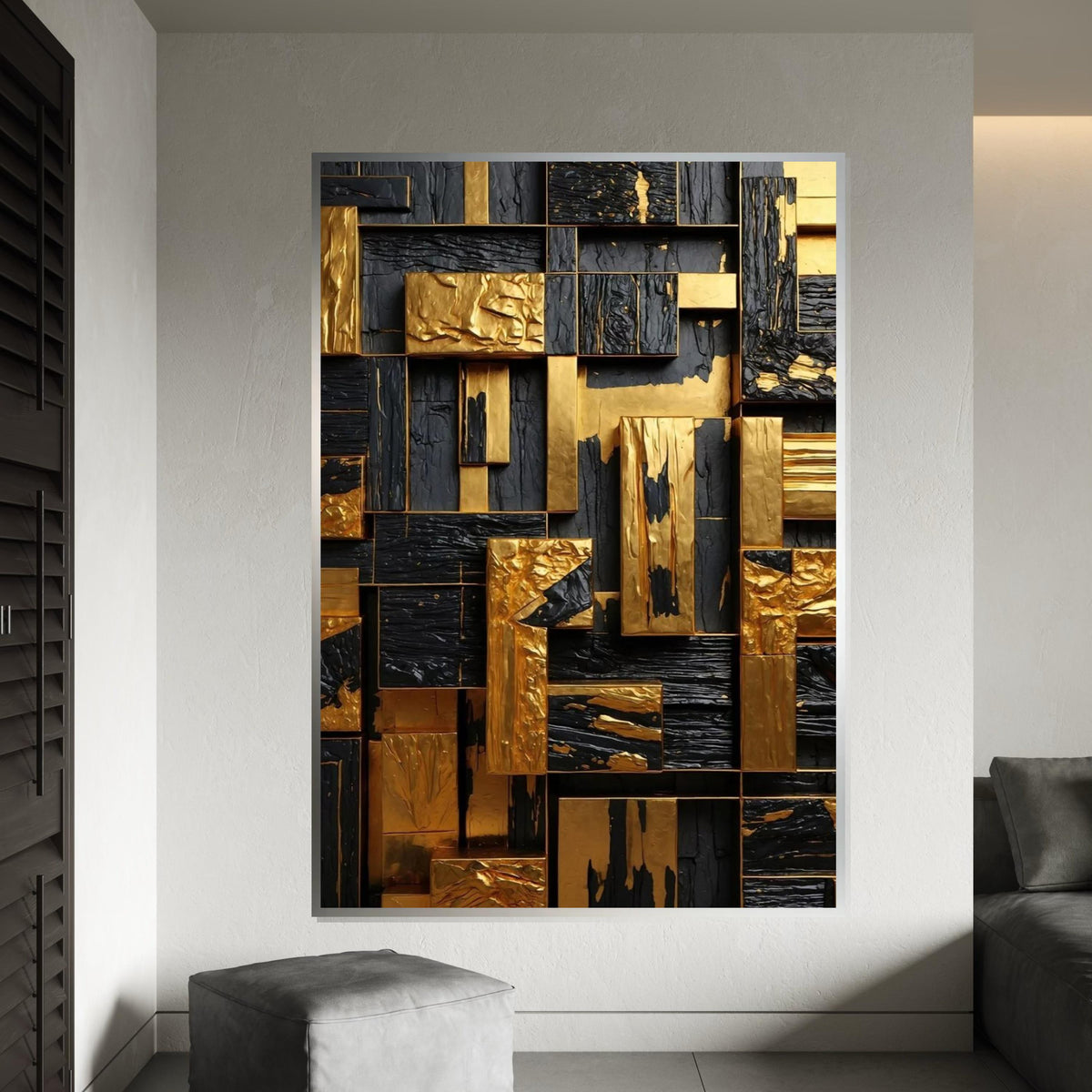 Gold and Black Geometric Canvas Art, Abstract Wall Art, Textured Design, Modern Art Canvas, Wall Decor, Ready to Hang Decoration