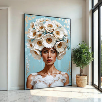 Floral Woman Canvas, Blooming Headpiece Art, Elegant Portrait Print, Wall Art Canvas Design, Ready To Hang Decoration