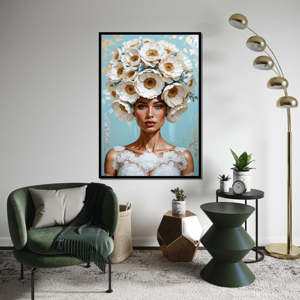Floral Woman Canvas, Blooming Headpiece Art, Elegant Portrait Print, Wall Art Canvas Design, Ready To Hang Decoration