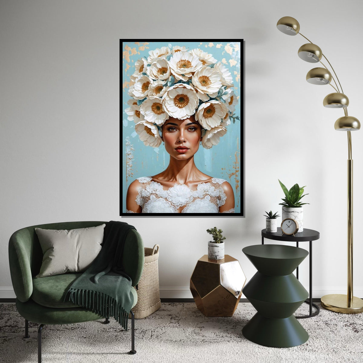 Floral Woman Canvas, Blooming Headpiece Art, Elegant Portrait Print, Wall Art Canvas Design, Ready To Hang Decoration