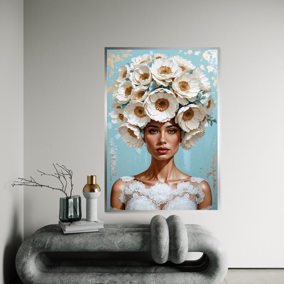Floral Woman Canvas, Blooming Headpiece Art, Elegant Portrait Print, Wall Art Canvas Design, Ready To Hang Decoration