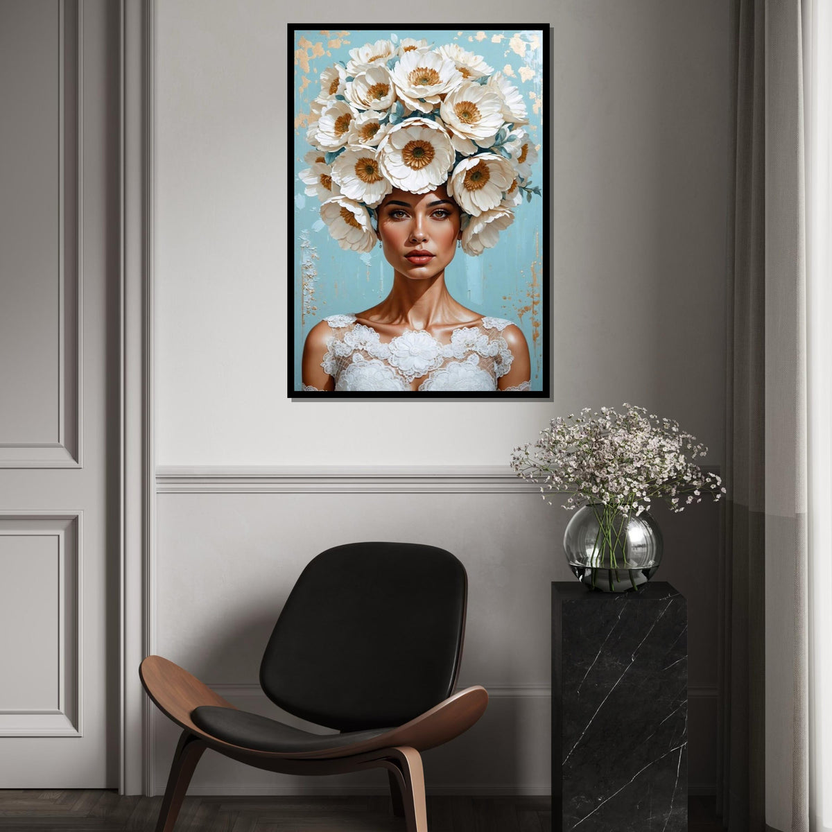 Floral Woman Canvas, Blooming Headpiece Art, Elegant Portrait Print, Wall Art Canvas Design, Ready To Hang Decoration