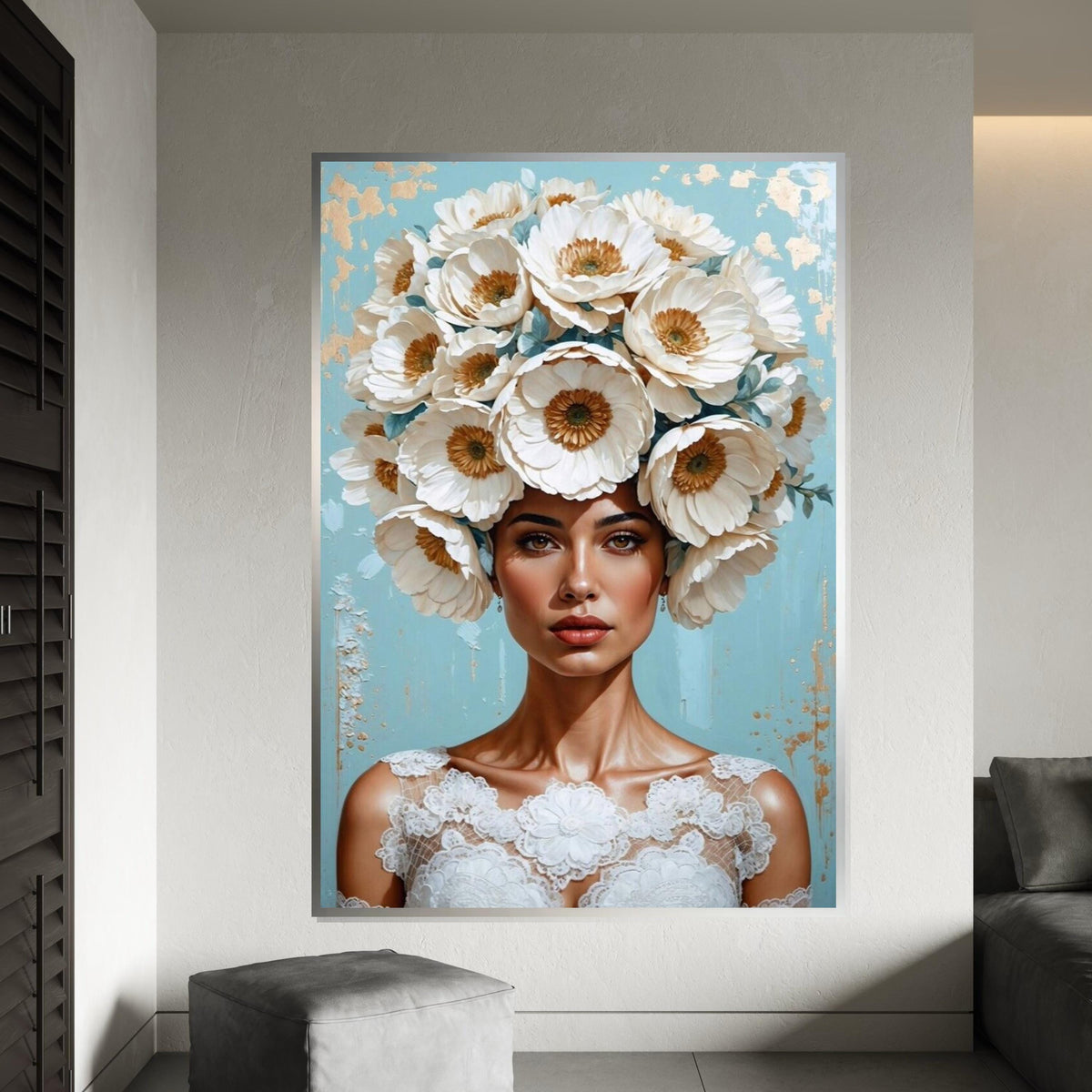 Floral Woman Canvas, Blooming Headpiece Art, Elegant Portrait Print, Wall Art Canvas Design, Ready To Hang Decoration