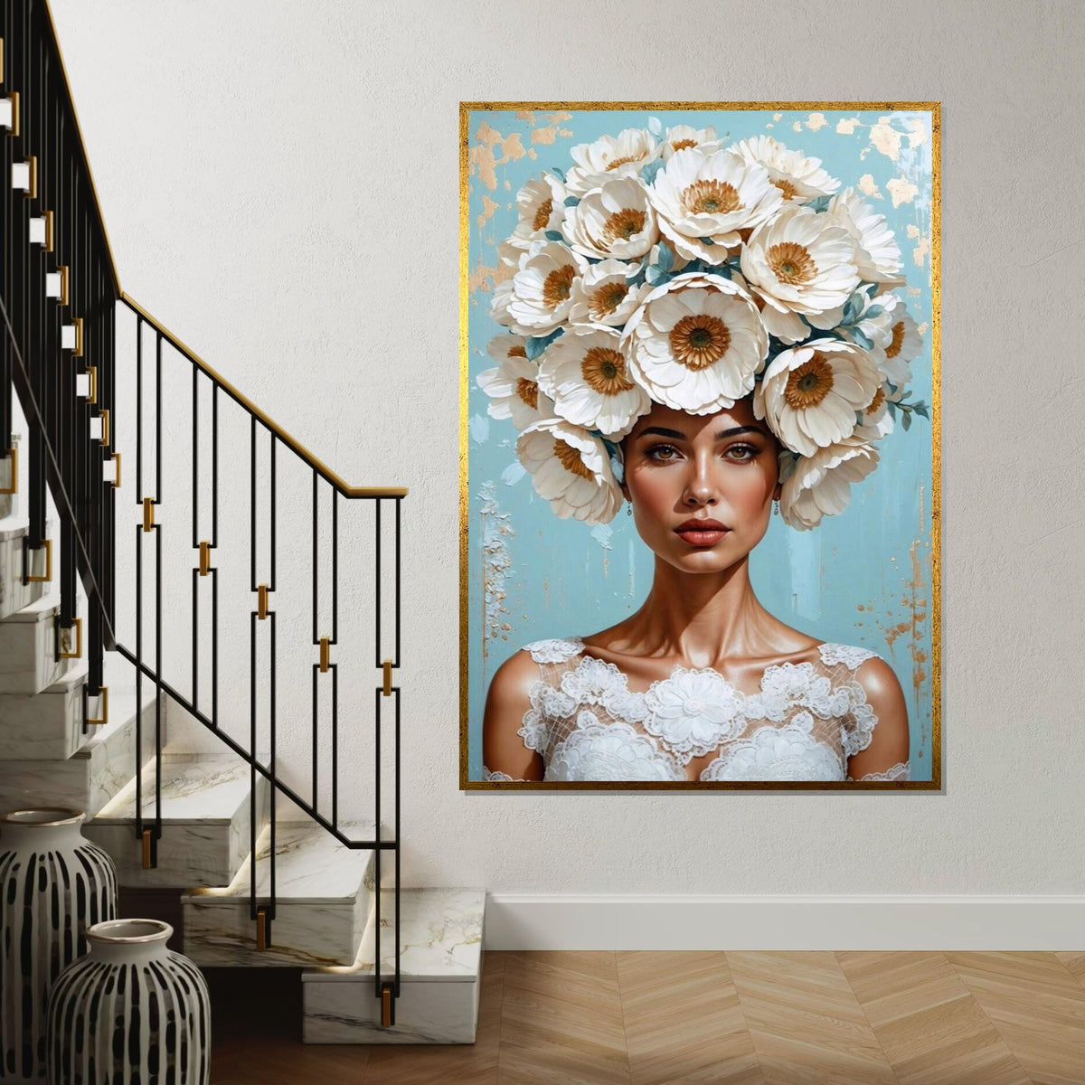 Floral Woman Canvas, Blooming Headpiece Art, Elegant Portrait Print, Wall Art Canvas Design, Ready To Hang Decoration