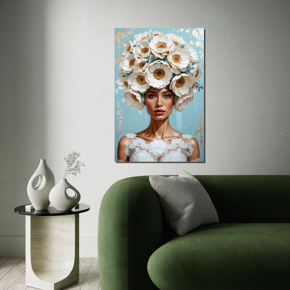 Floral Woman Canvas, Blooming Headpiece Art, Elegant Portrait Print, Wall Art Canvas Design, Ready To Hang Decoration