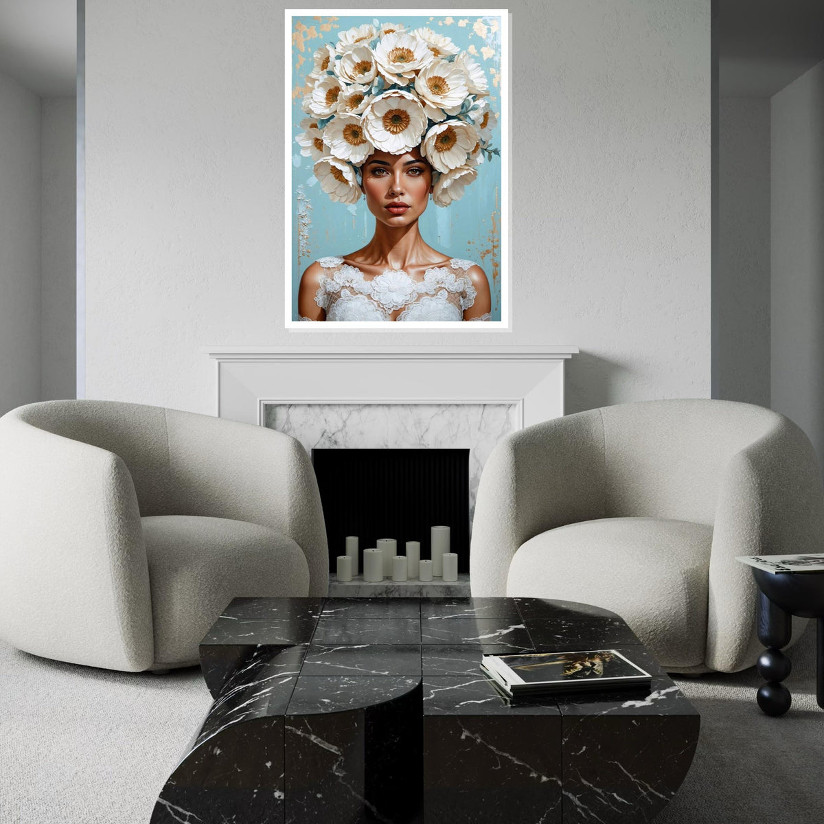 Floral Woman Canvas, Blooming Headpiece Art, Elegant Portrait Print, Wall Art Canvas Design, Ready To Hang Decoration