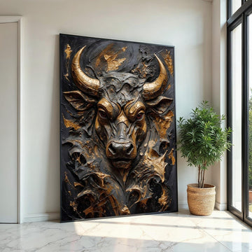 Majestic Bull Canvas, 3D Bull Art, Animal Wall Art, Gold and Black Design, Powerful Bull Print, Wall Art Canvas, Ready to Hang