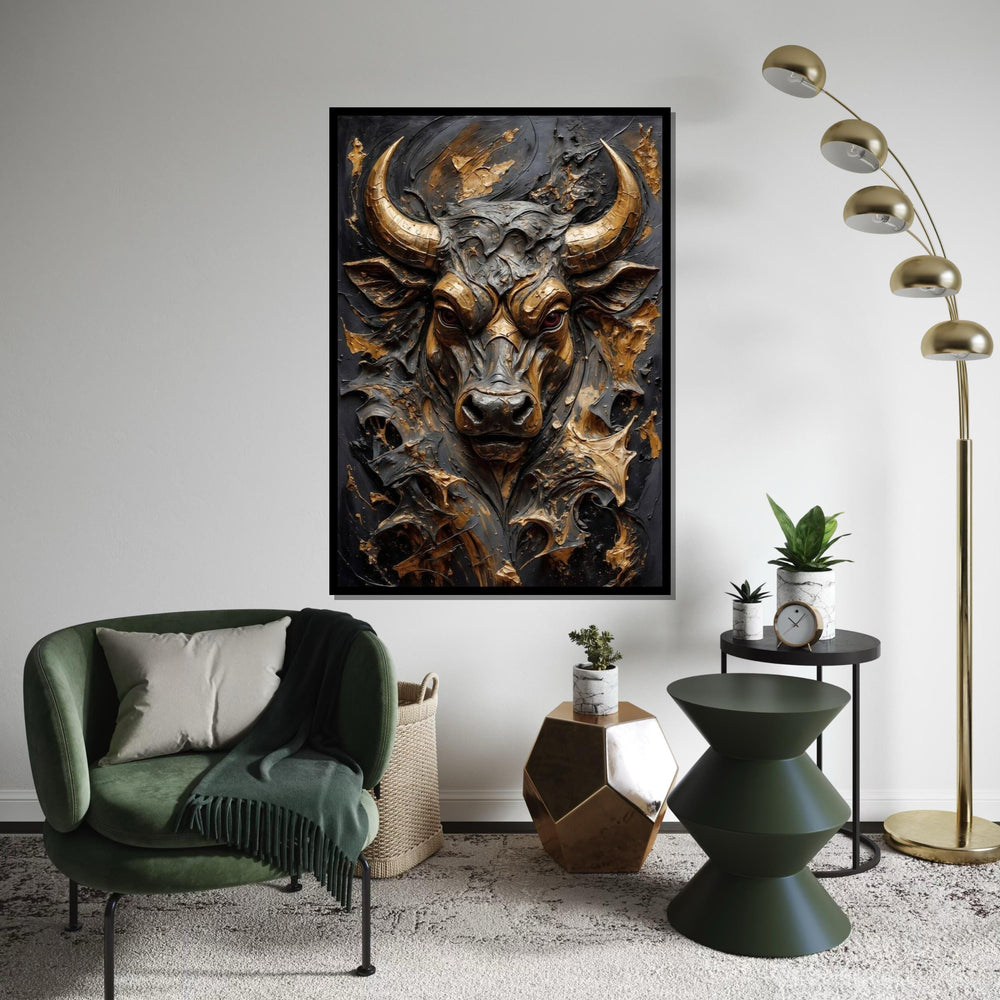 Majestic Bull Canvas, 3D Bull Art, Animal Wall Art, Gold and Black Design, Powerful Bull Print, Wall Art Canvas, Ready to Hang