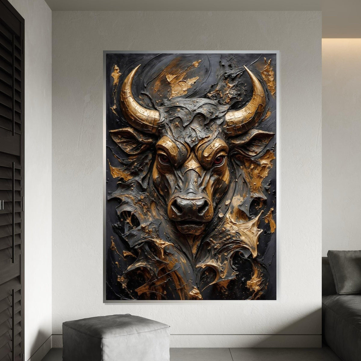 Majestic Bull Canvas, 3D Bull Art, Animal Wall Art, Gold and Black Design, Powerful Bull Print, Wall Art Canvas, Ready to Hang