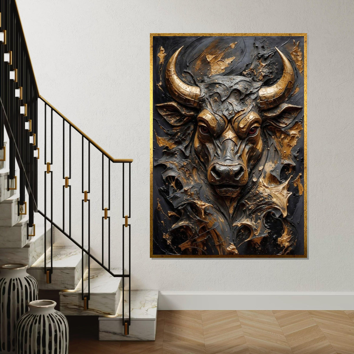 Majestic Bull Canvas, 3D Bull Art, Animal Wall Art, Gold and Black Design, Powerful Bull Print, Wall Art Canvas, Ready to Hang