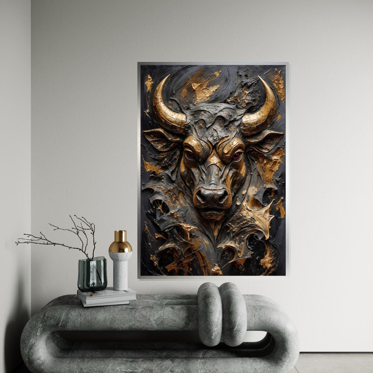 Majestic Bull Canvas, 3D Bull Art, Animal Wall Art, Gold and Black Design, Powerful Bull Print, Wall Art Canvas, Ready to Hang