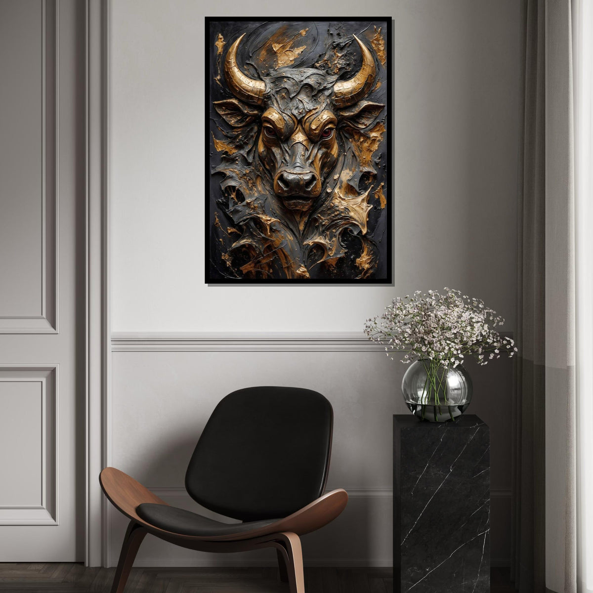 Majestic Bull Canvas, 3D Bull Art, Animal Wall Art, Gold and Black Design, Powerful Bull Print, Wall Art Canvas, Ready to Hang