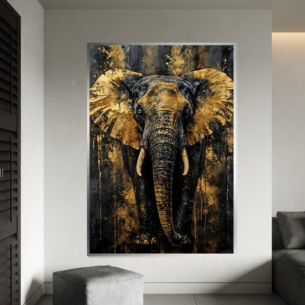 Golden Elephant Canvas, Abstract Elephant Art, Wall Art Canvas Design, Luxury Decor, Ready to Hang Decoration, Majestic Elephant Print