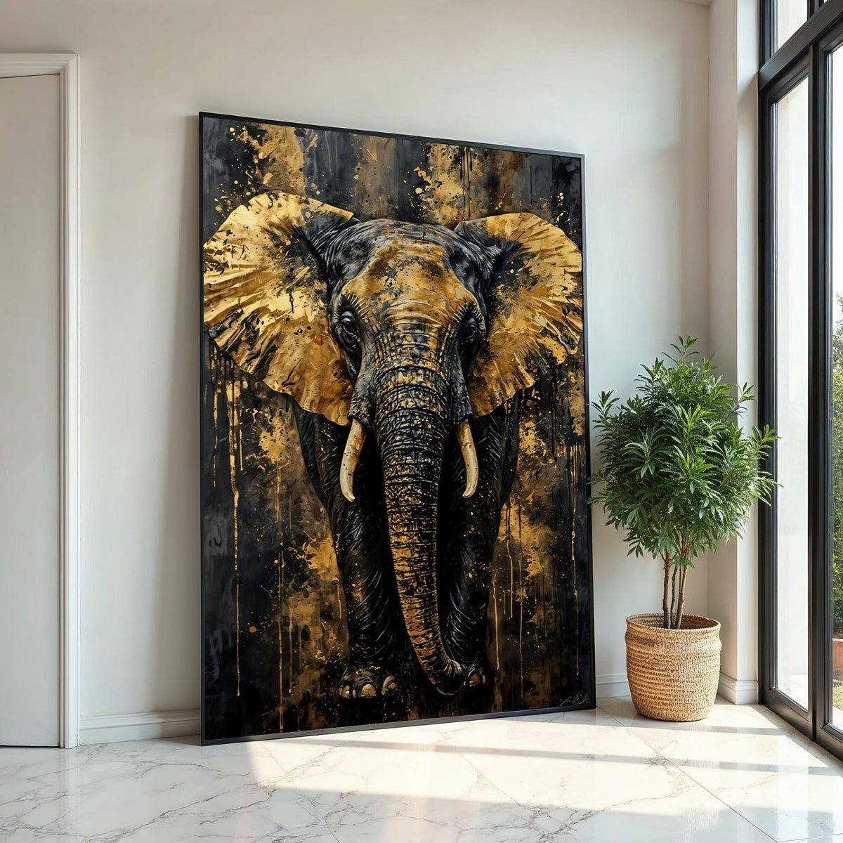 Golden Elephant Canvas, Abstract Elephant Art, Wall Art Canvas Design, Luxury Decor, Ready to Hang Decoration, Majestic Elephant Print
