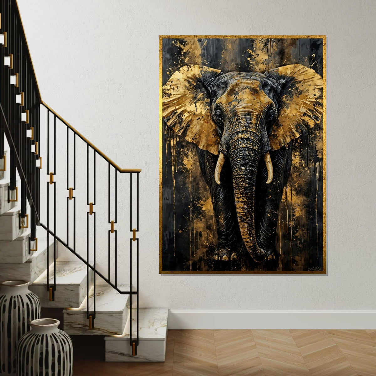 Golden Elephant Canvas, Abstract Elephant Art, Wall Art Canvas Design, Luxury Decor, Ready to Hang Decoration, Majestic Elephant Print