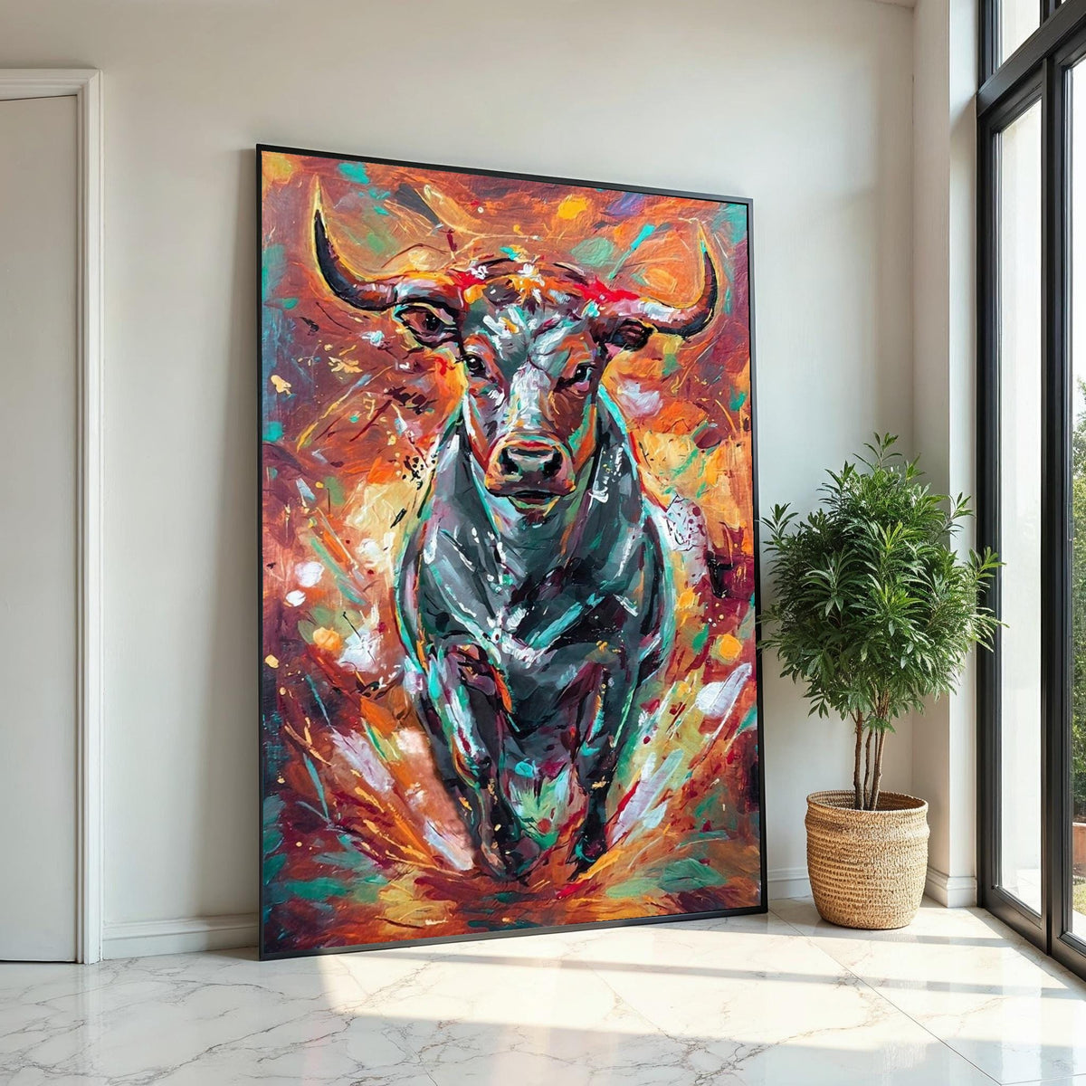 Vibrant Bull Canvas, Colorful Bull Wall Art, Animal Art Print, Wall Art Canvas Design, Ready to Hang, Abstract Bull Poster