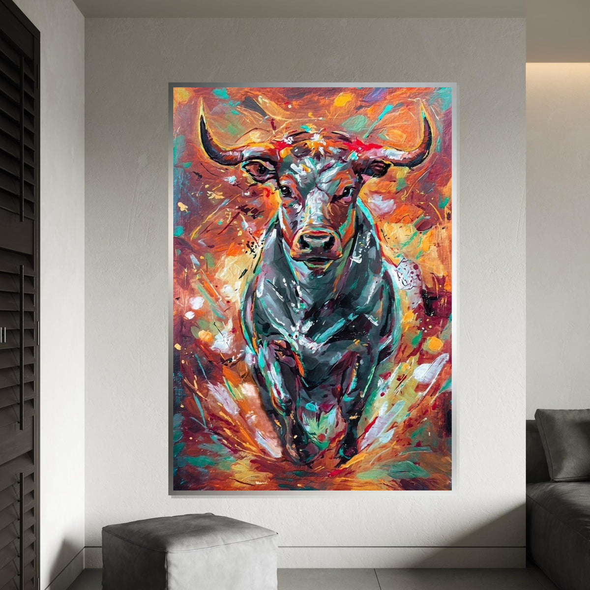 Vibrant Bull Canvas, Colorful Bull Wall Art, Animal Art Print, Wall Art Canvas Design, Ready to Hang, Abstract Bull Poster