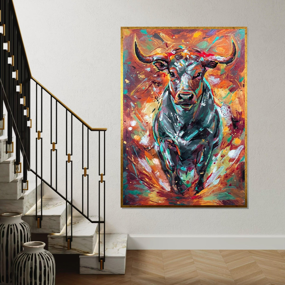 Vibrant Bull Canvas, Colorful Bull Wall Art, Animal Art Print, Wall Art Canvas Design, Ready to Hang, Abstract Bull Poster