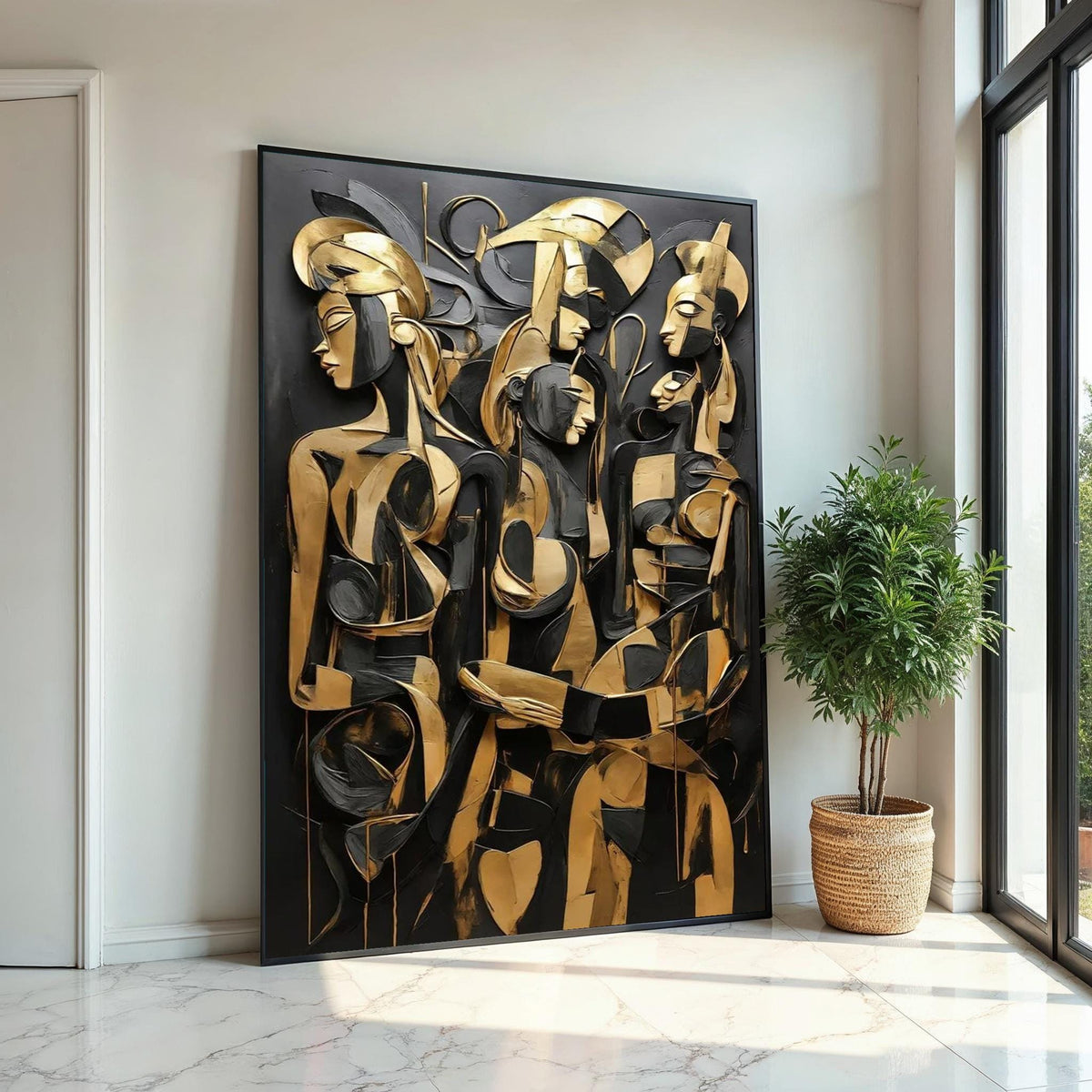 Abstract Gold Figures Canvas, Modern Art Deco, Cubist Wall Art, Black and Gold Canvas Design, Ready to Hang Home Decoration