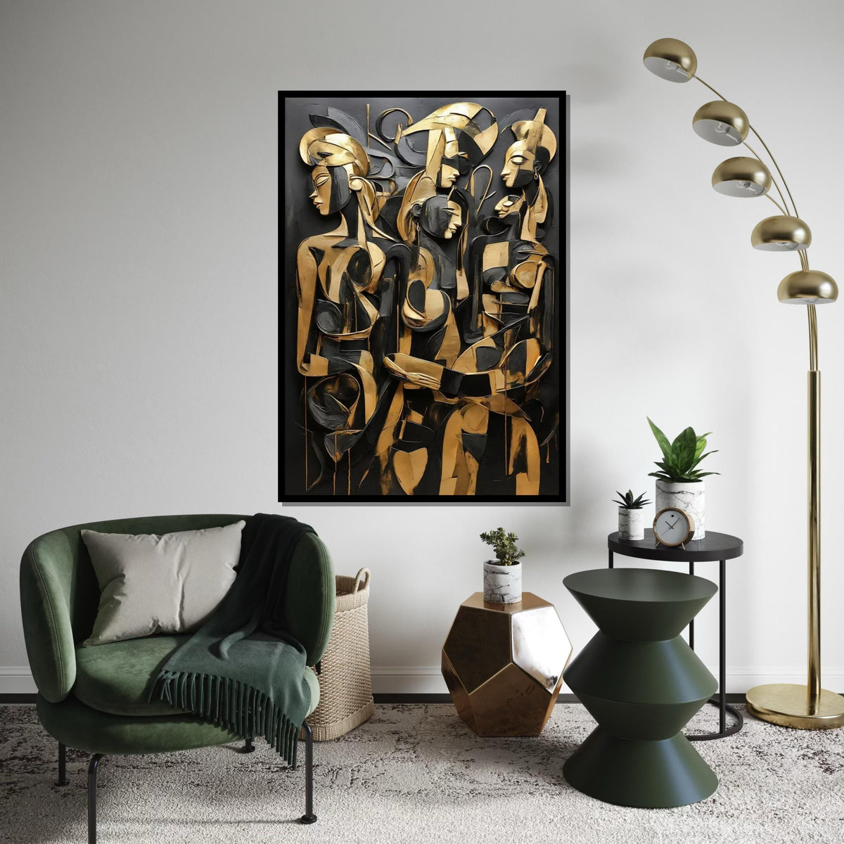 Abstract Gold Figures Canvas, Modern Art Deco, Cubist Wall Art, Black and Gold Canvas Design, Ready to Hang Home Decoration