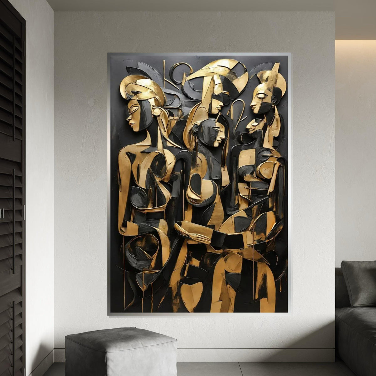 Abstract Gold Figures Canvas, Modern Art Deco, Cubist Wall Art, Black and Gold Canvas Design, Ready to Hang Home Decoration