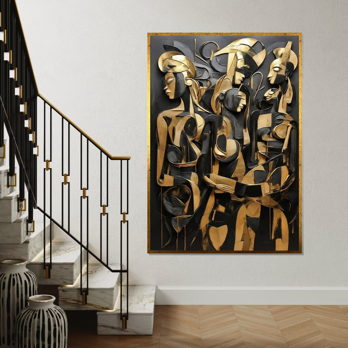 Abstract Gold Figures Canvas, Modern Art Deco, Cubist Wall Art, Black and Gold Canvas Design, Ready to Hang Home Decoration