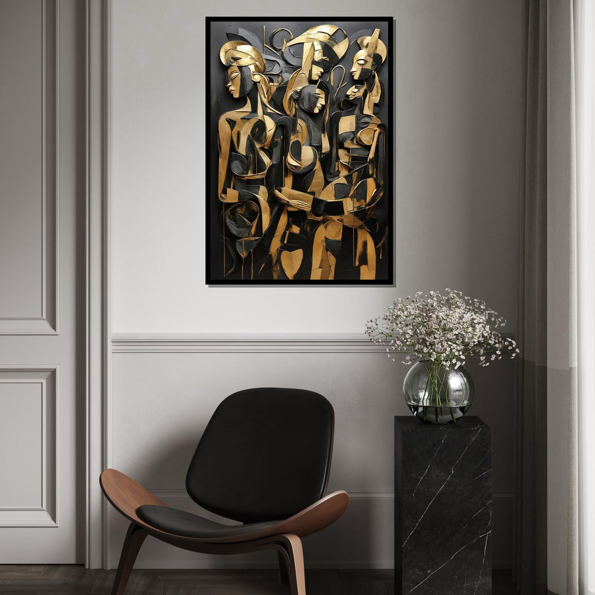 Abstract Gold Figures Canvas, Modern Art Deco, Cubist Wall Art, Black and Gold Canvas Design, Ready to Hang Home Decoration