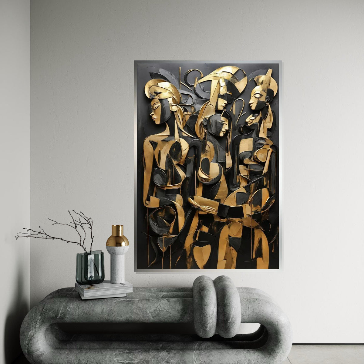 Abstract Gold Figures Canvas, Modern Art Deco, Cubist Wall Art, Black and Gold Canvas Design, Ready to Hang Home Decoration