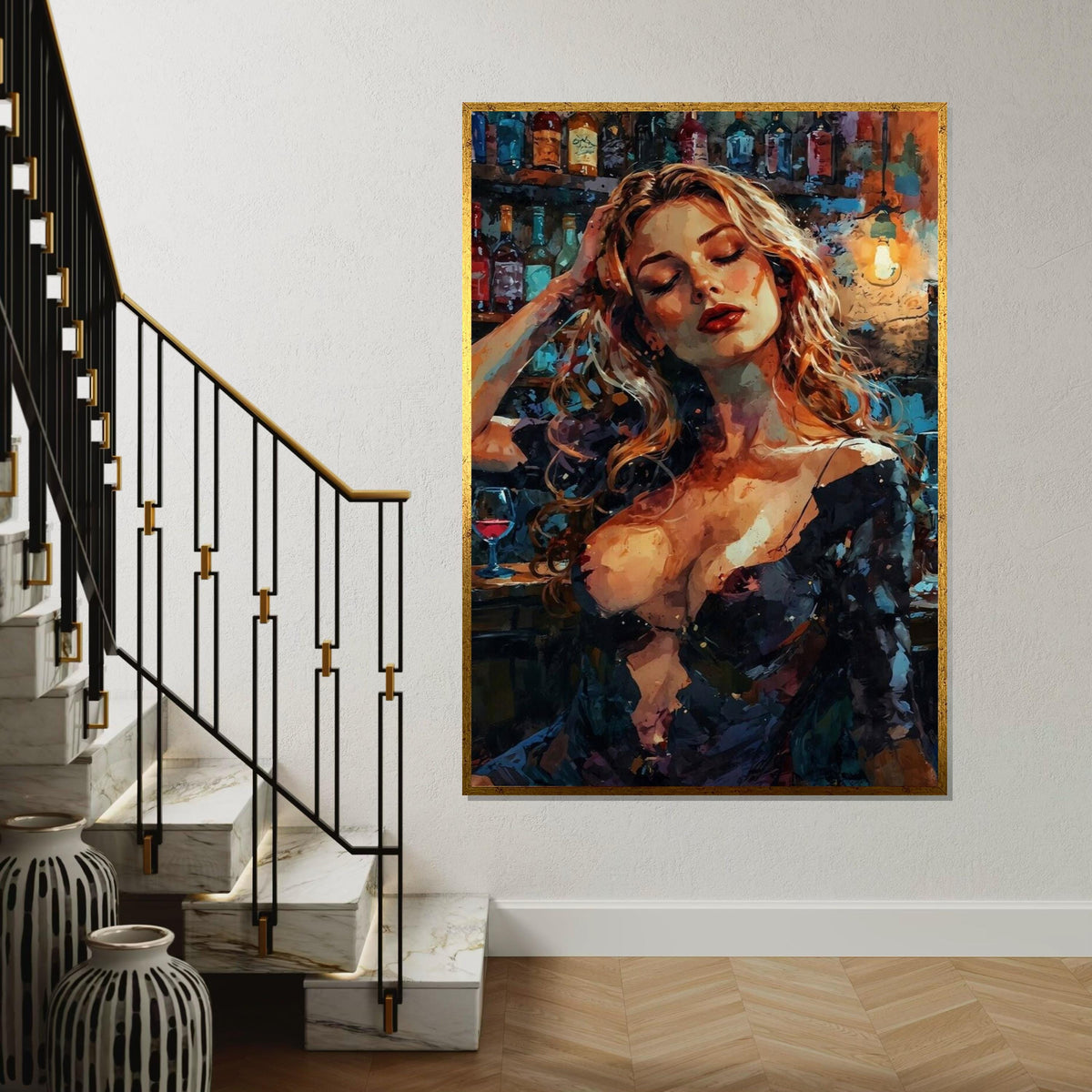 Abstract Bar Lady Canvas, Elegant Woman Wall Art, Vibrant Colors, Wall Art Canvas Design, Ready To Hang Decoration