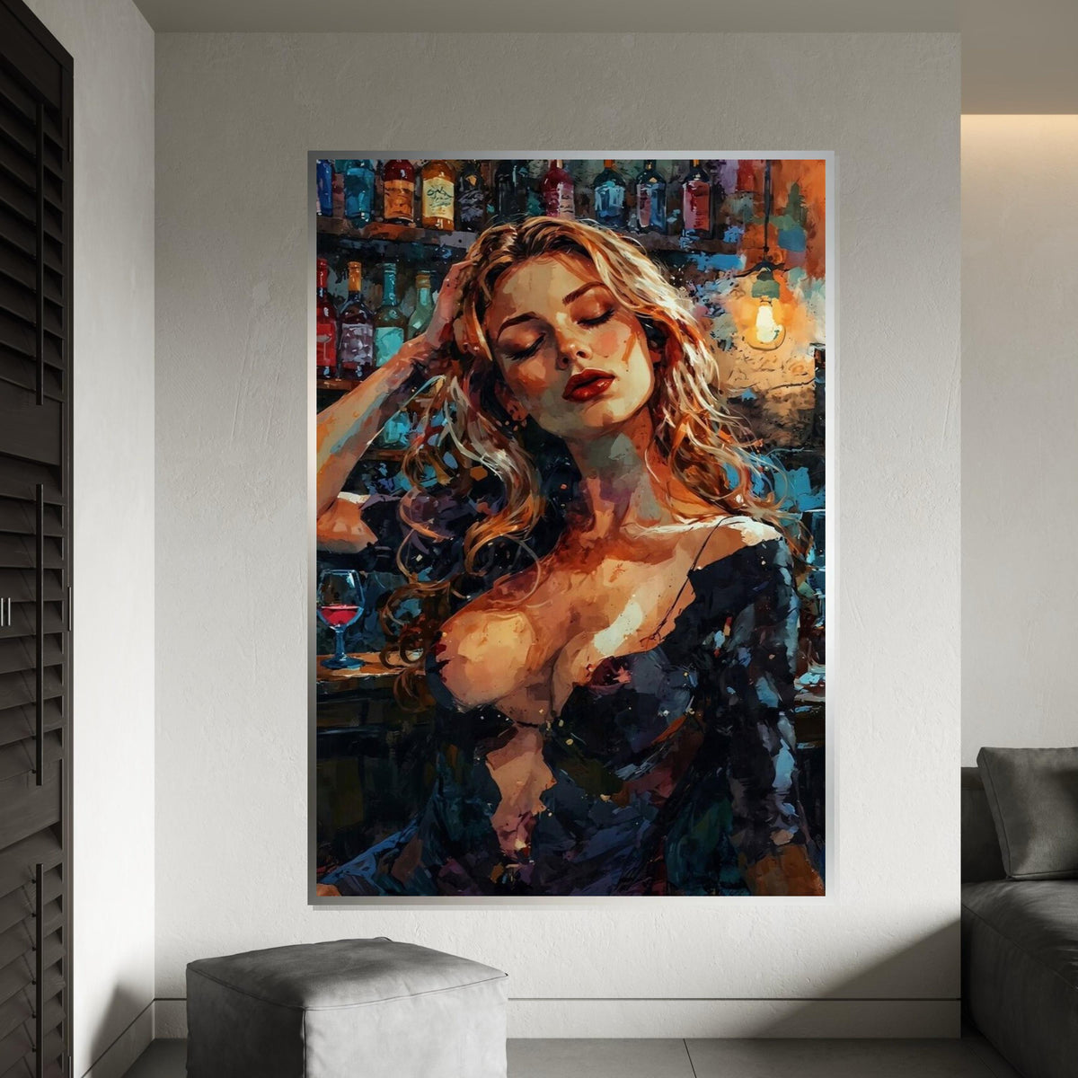 Abstract Bar Lady Canvas, Elegant Woman Wall Art, Vibrant Colors, Wall Art Canvas Design, Ready To Hang Decoration