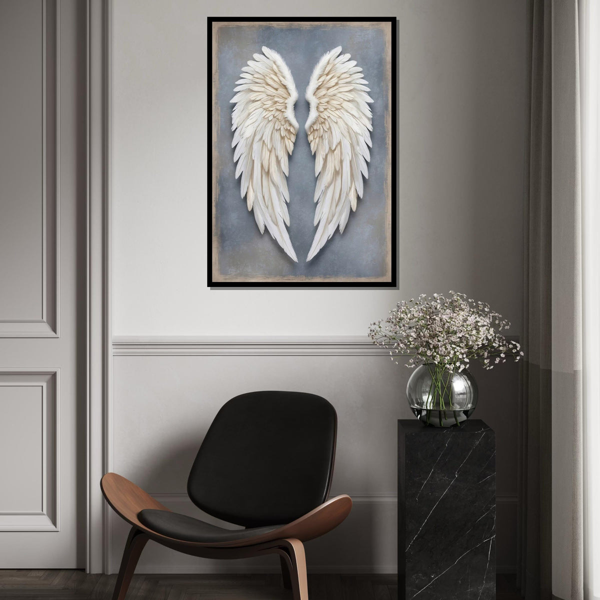 Angel Wings Canvas, White Feathered Wall Art, Heavenly Wing Poster, Wall Art Canvas Design, Ready To Hang Home Decoration