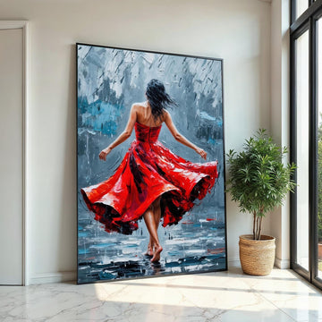 Red Dress Dancer, Romantic Dance Canvas, Elegant Dance Art, Wall Art Canvas Design, Fluid Movement Painting, Ready To Hang Decoration