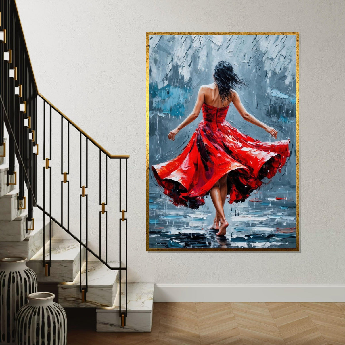 Red Dress Dancer, Romantic Dance Canvas, Elegant Dance Art, Wall Art Canvas Design, Fluid Movement Painting, Ready To Hang Decoration