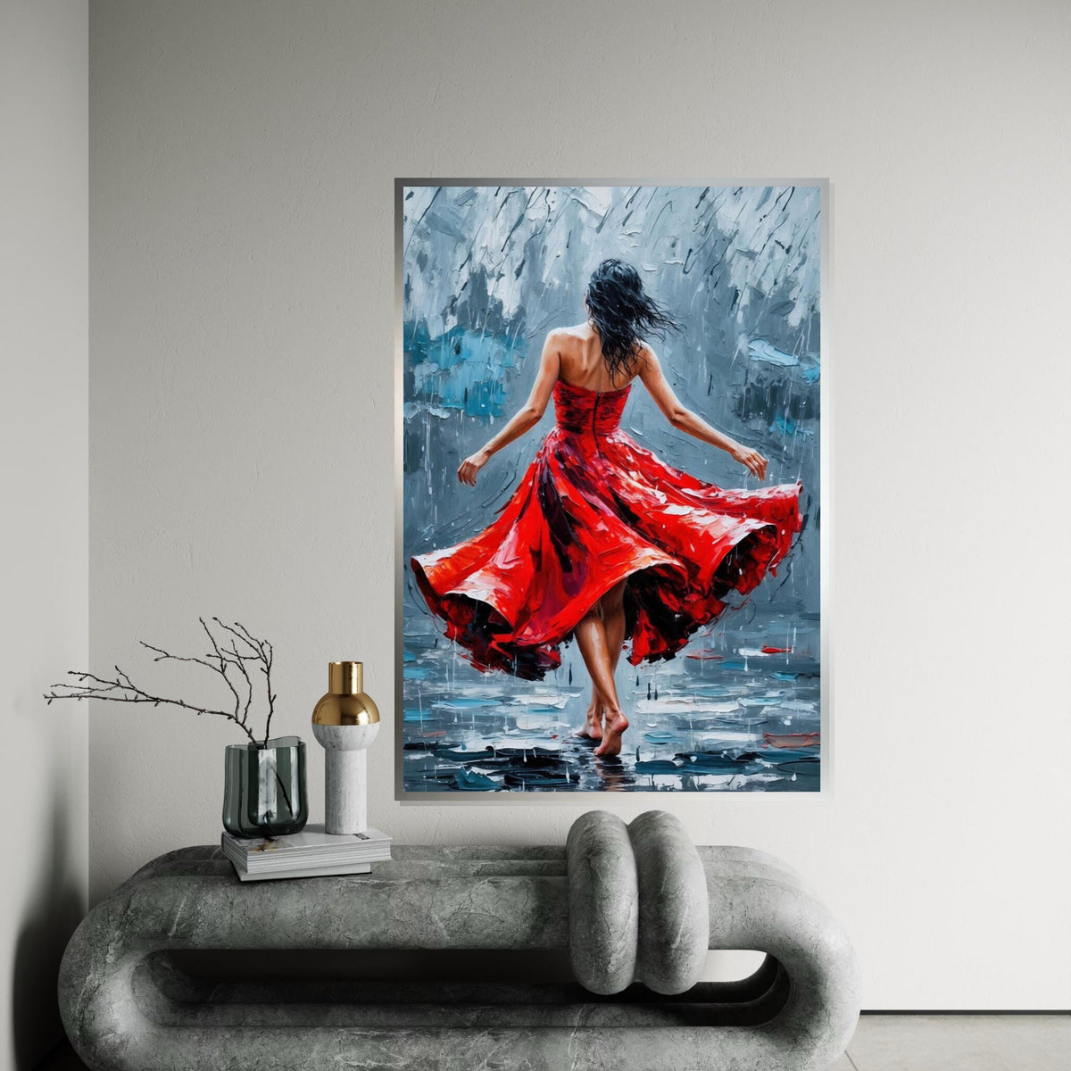 Red Dress Dancer, Romantic Dance Canvas, Elegant Dance Art, Wall Art Canvas Design, Fluid Movement Painting, Ready To Hang Decoration