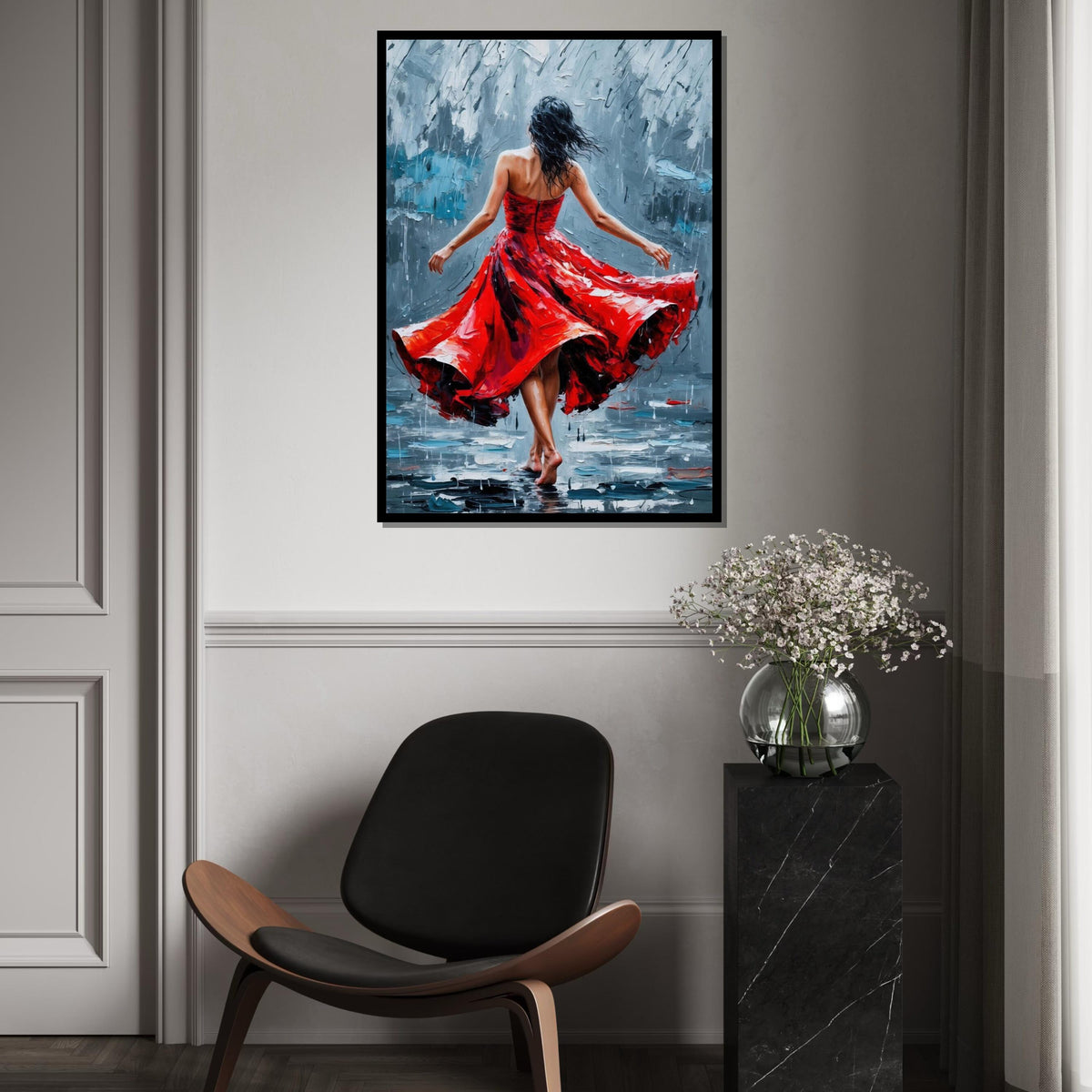 Red Dress Dancer, Romantic Dance Canvas, Elegant Dance Art, Wall Art Canvas Design, Fluid Movement Painting, Ready To Hang Decoration