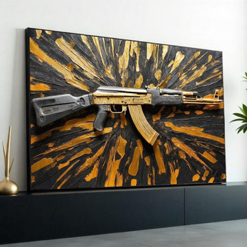 Golden Rifle Canvas, Gun Wall Art, Textured Weapon Design, Art Canvas Decor, Wall Art Canvas Design, Ready To Hang Decoration