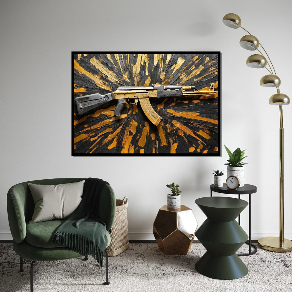 Golden Rifle Canvas, Gun Wall Art, Textured Weapon Design, Art Canvas Decor, Wall Art Canvas Design, Ready To Hang Decoration
