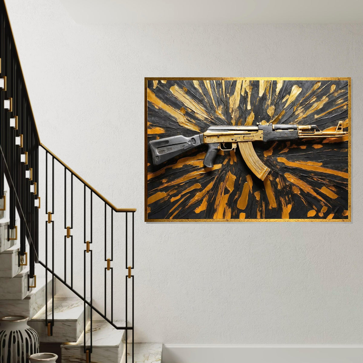 Golden Rifle Canvas, Gun Wall Art, Textured Weapon Design, Art Canvas Decor, Wall Art Canvas Design, Ready To Hang Decoration
