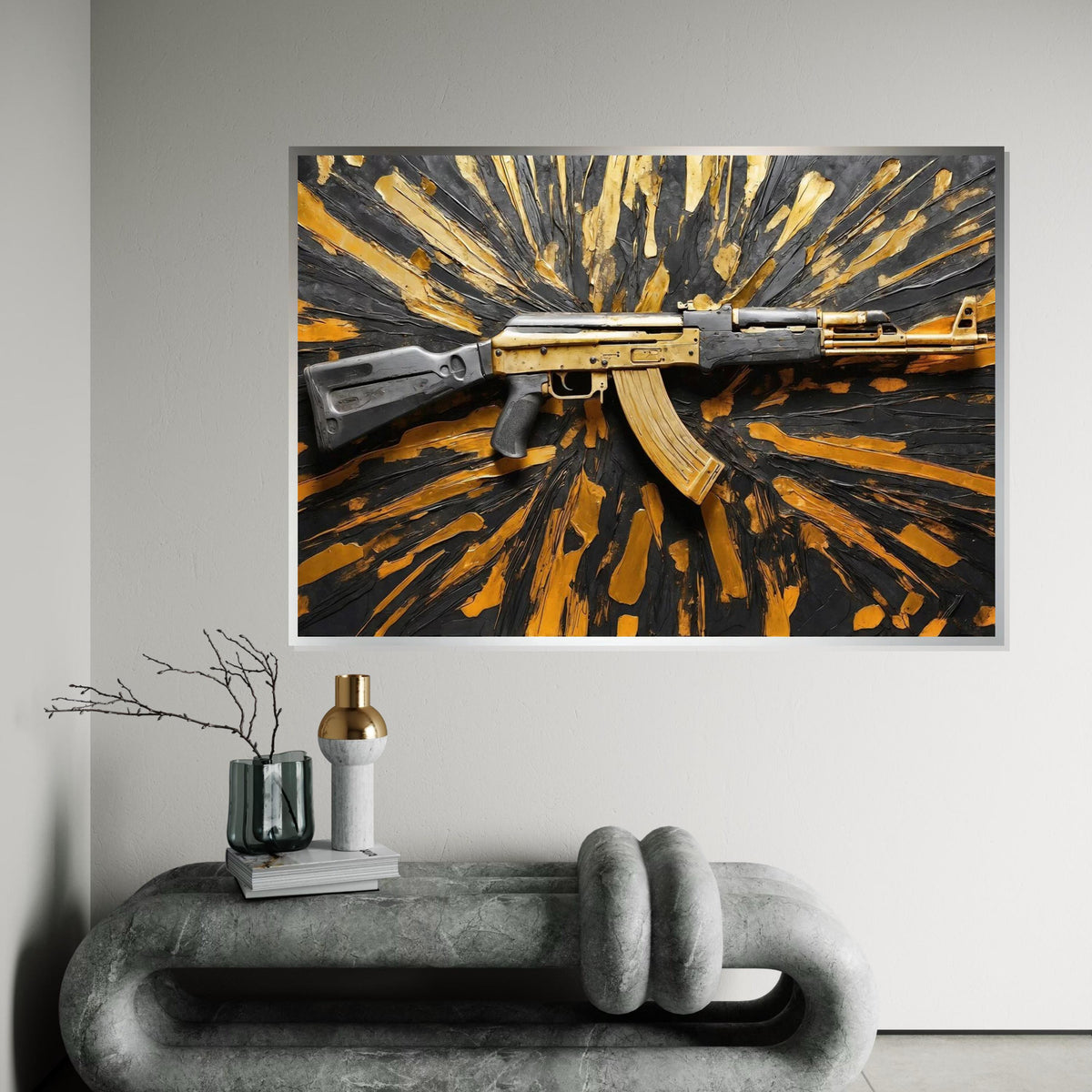Golden Rifle Canvas, Gun Wall Art, Textured Weapon Design, Art Canvas Decor, Wall Art Canvas Design, Ready To Hang Decoration