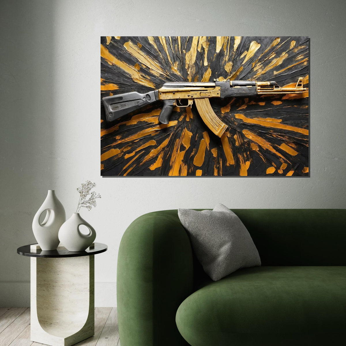 Golden Rifle Canvas, Gun Wall Art, Textured Weapon Design, Art Canvas Decor, Wall Art Canvas Design, Ready To Hang Decoration