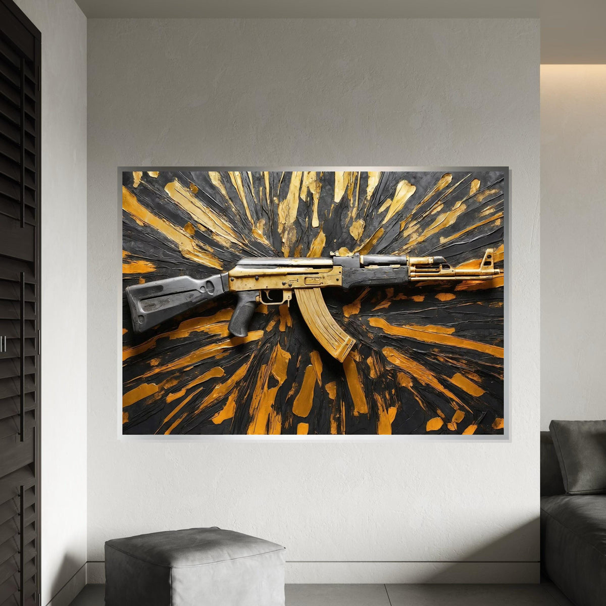 Golden Rifle Canvas, Gun Wall Art, Textured Weapon Design, Art Canvas Decor, Wall Art Canvas Design, Ready To Hang Decoration