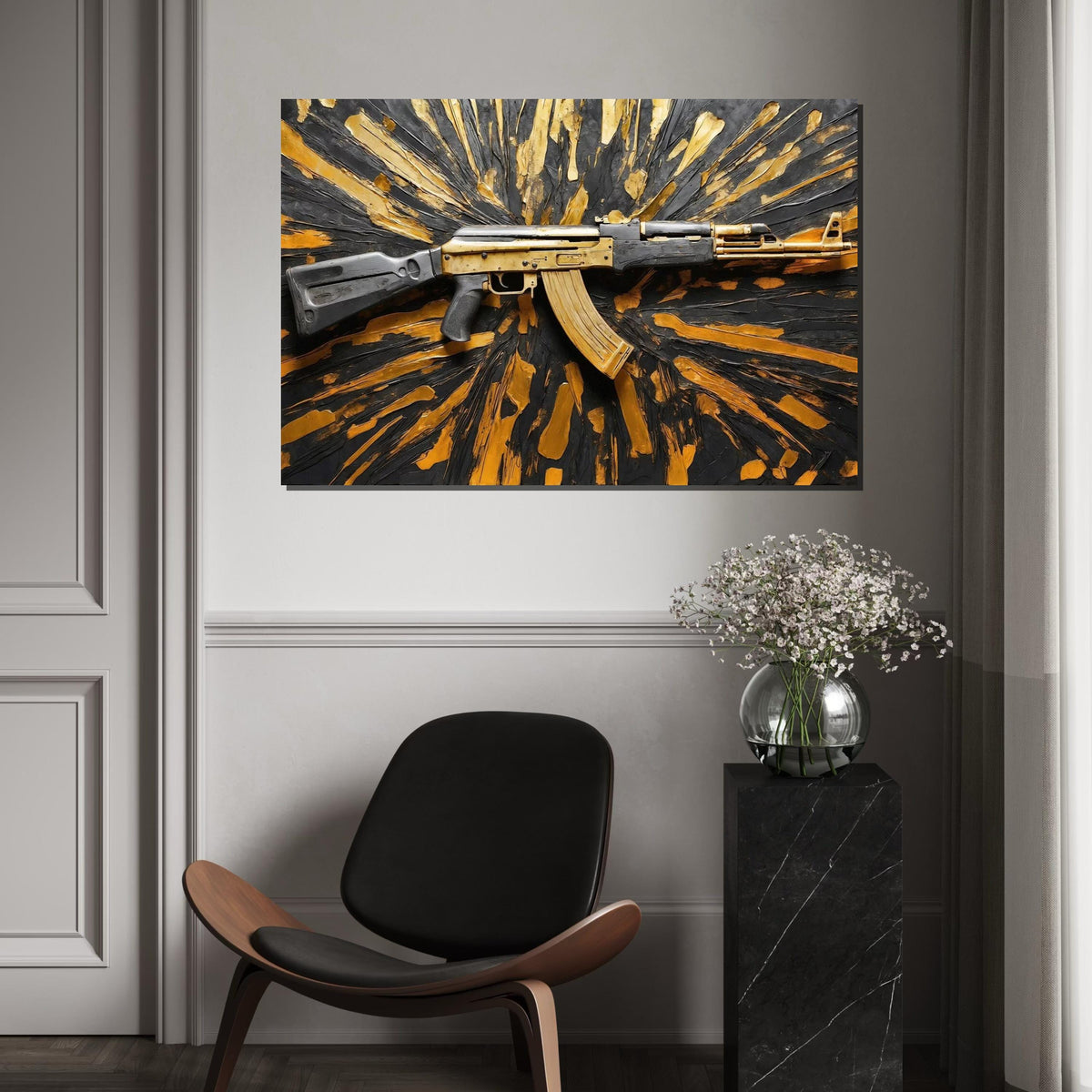 Golden Rifle Canvas, Gun Wall Art, Textured Weapon Design, Art Canvas Decor, Wall Art Canvas Design, Ready To Hang Decoration