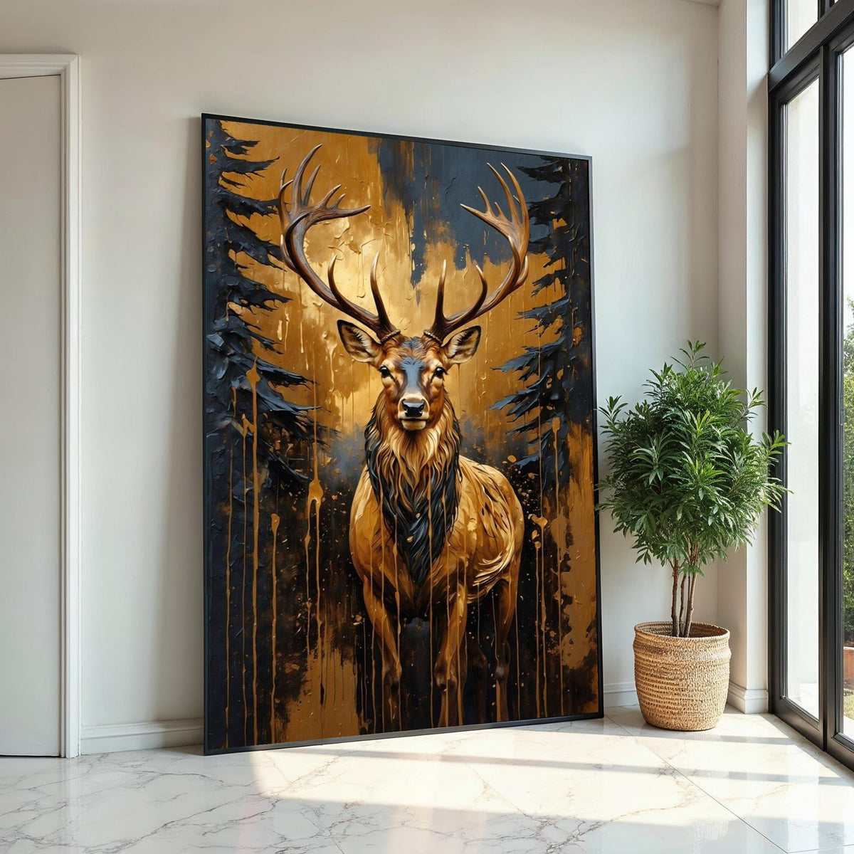 Majestic Stag Canvas, Golden Forest Stag Art, Animal Wall Poster, Wall Art Canvas Design, Ready to Hang Artistic Decoration