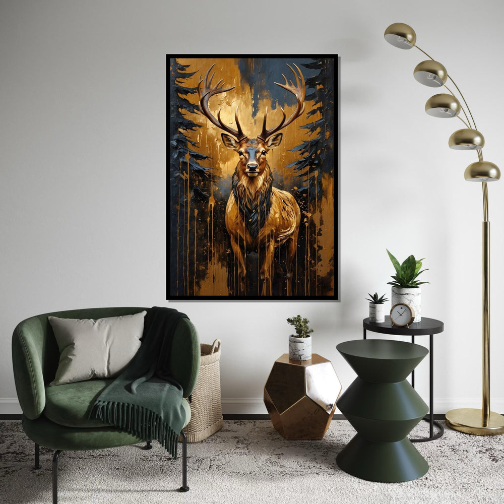 Majestic Stag Canvas, Golden Forest Stag Art, Animal Wall Poster, Wall Art Canvas Design, Ready to Hang Artistic Decoration