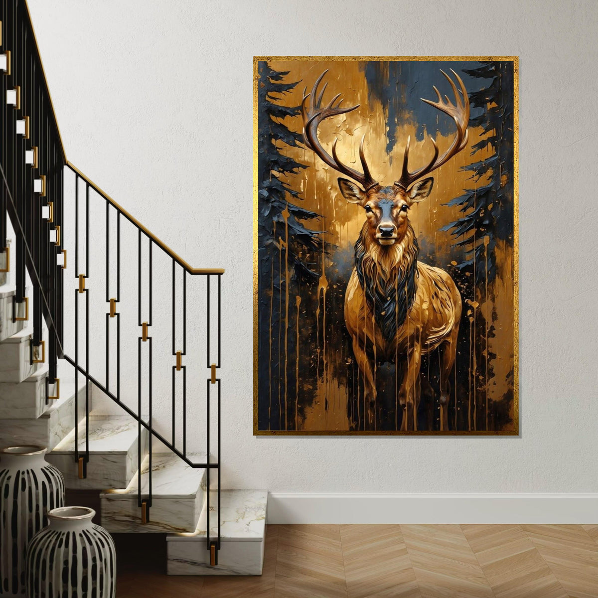 Majestic Stag Canvas, Golden Forest Stag Art, Animal Wall Poster, Wall Art Canvas Design, Ready to Hang Artistic Decoration