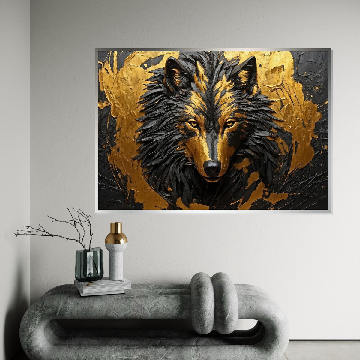 Golden Wolf Canvas, Wolf Wall Art, Abstract Animal Art, Wall Art Canvas Design, Ready to Hang Decoration