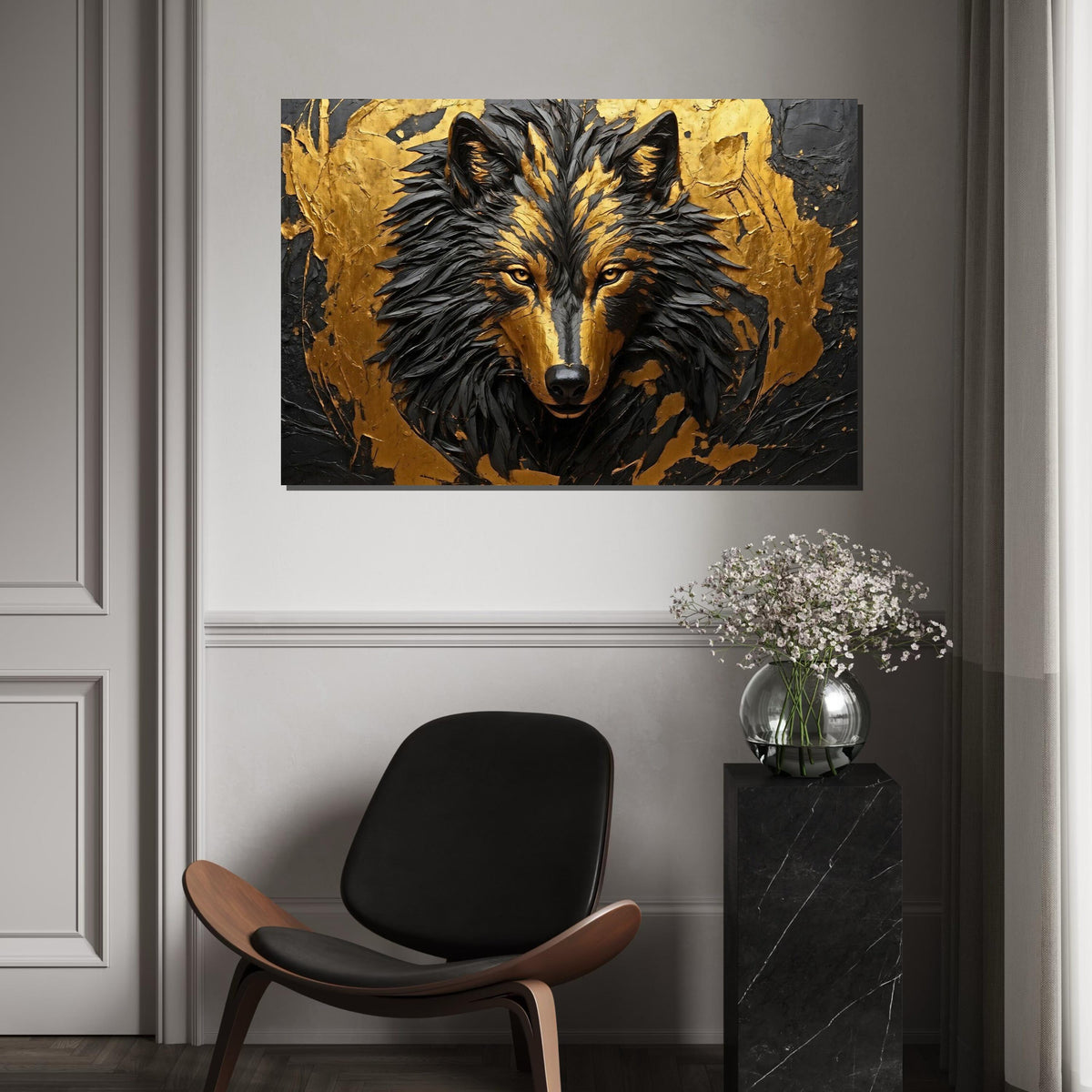 Golden Wolf Canvas, Wolf Wall Art, Abstract Animal Art, Wall Art Canvas Design, Ready to Hang Decoration