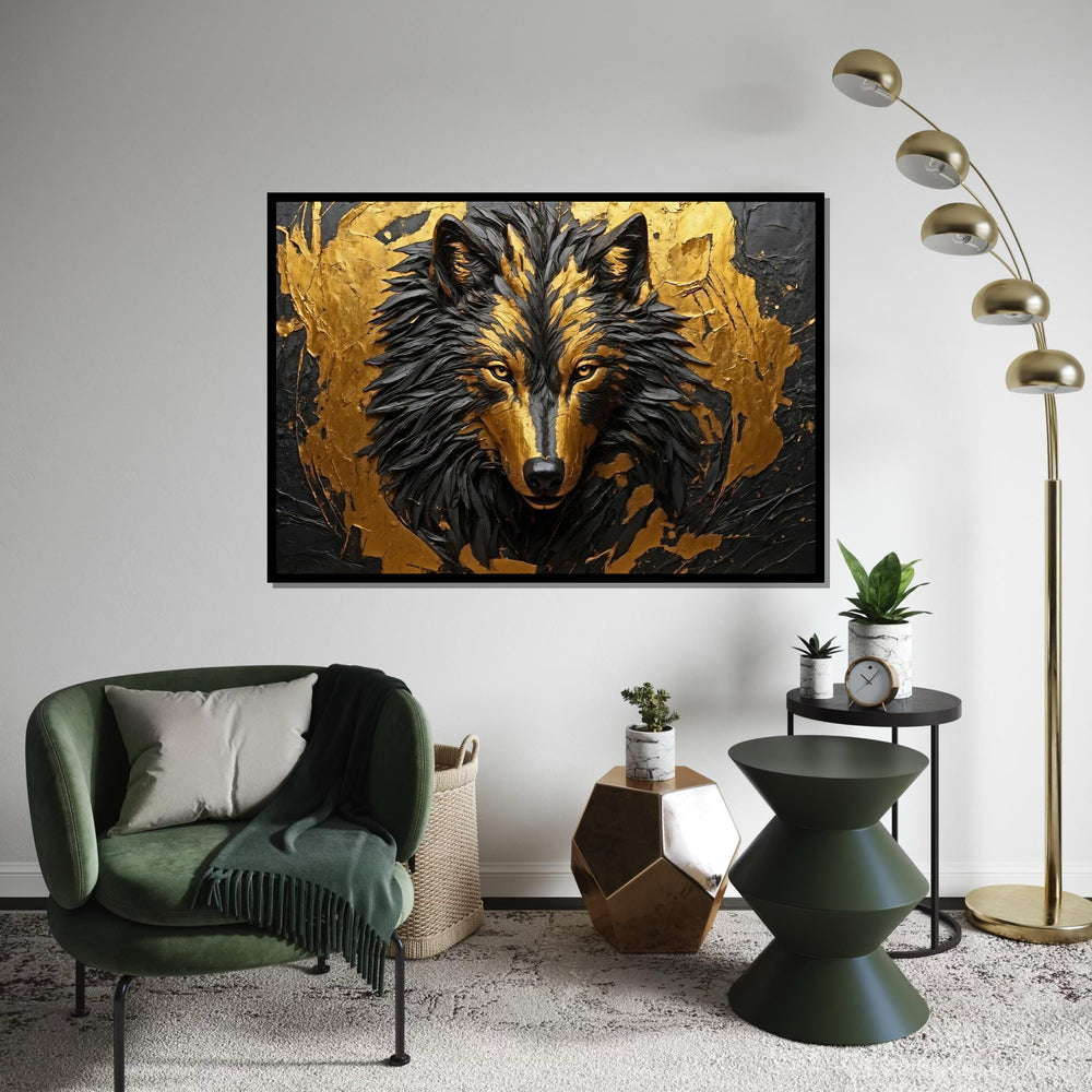 Golden Wolf Canvas, Wolf Wall Art, Abstract Animal Art, Wall Art Canvas Design, Ready to Hang Decoration