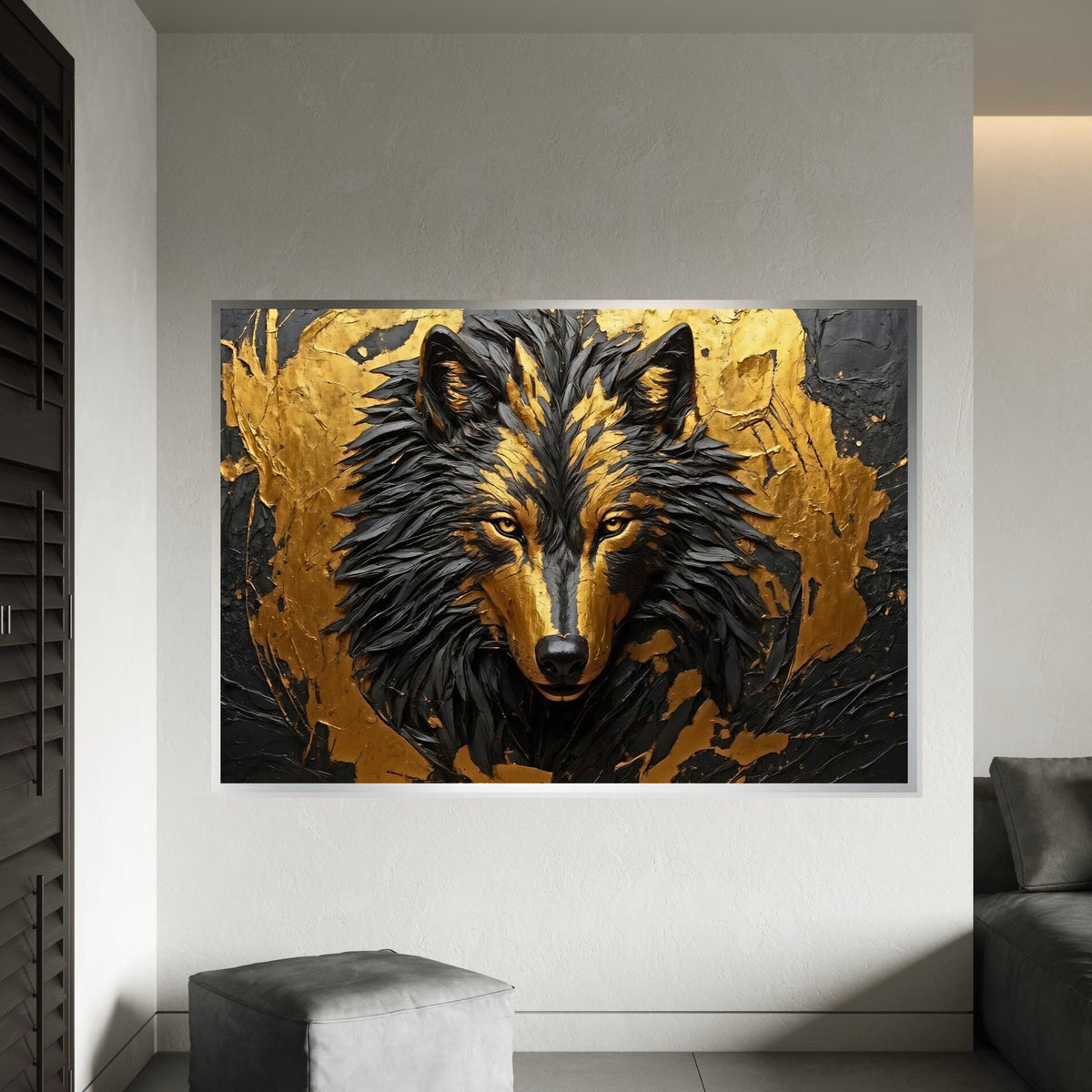 Golden Wolf Canvas, Wolf Wall Art, Abstract Animal Art, Wall Art Canvas Design, Ready to Hang Decoration