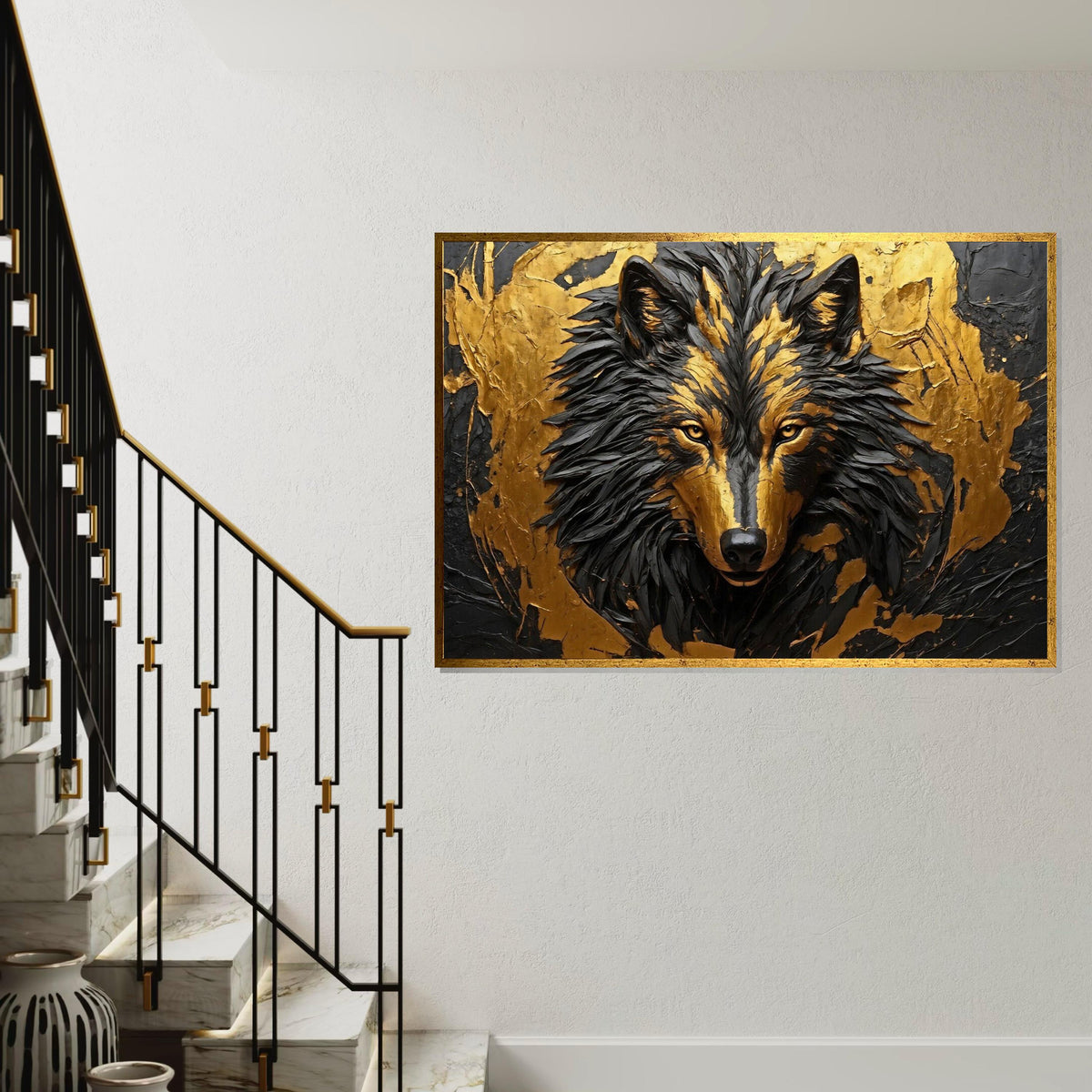 Golden Wolf Canvas, Wolf Wall Art, Abstract Animal Art, Wall Art Canvas Design, Ready to Hang Decoration